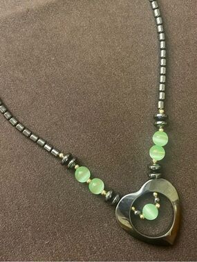 Heart Pendant Necklace - Hematite and Cat Eye Beads